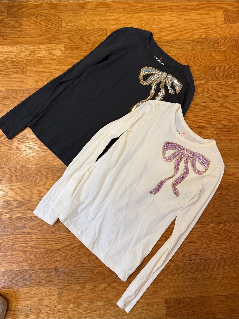 Two Crewcuts Long-Sleeve Shirts with Sequin Bows - Black & Cream